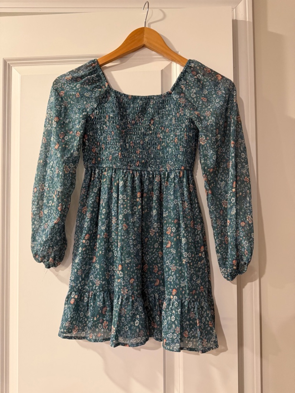 art class Teal Floral Smocked Dress with Puff Sleeves